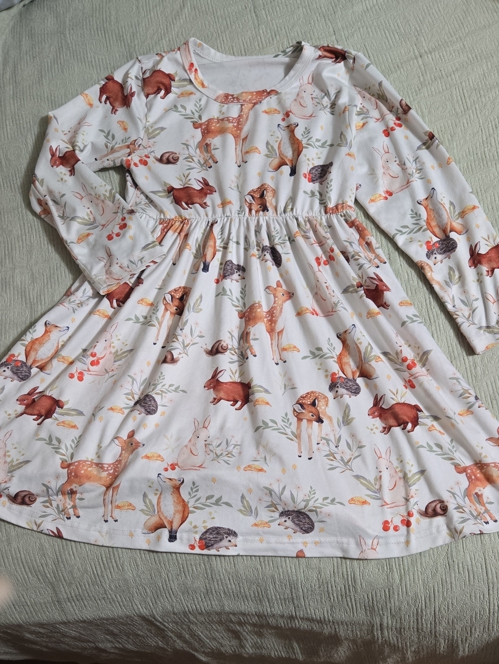Girls White Forest Animals Long Sleeve Dress Size 7 Year Old